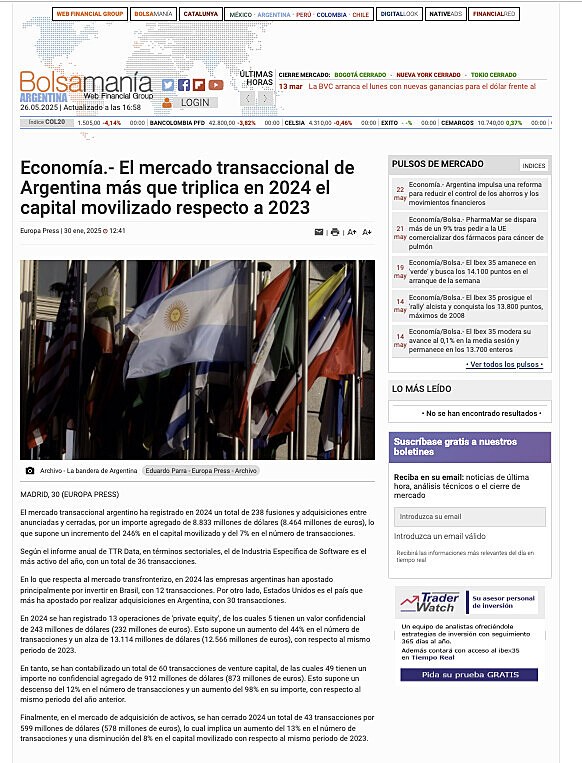 Economa.- El mercado transaccional de Argentina ms que triplica en 2024 el capital movilizado respecto a 2023